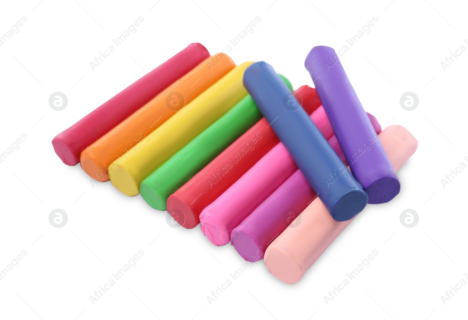 Photo of Many different colorful plasticine pieces on white background
