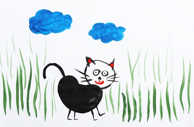 Photo of Colorful children painting of black cat on white background