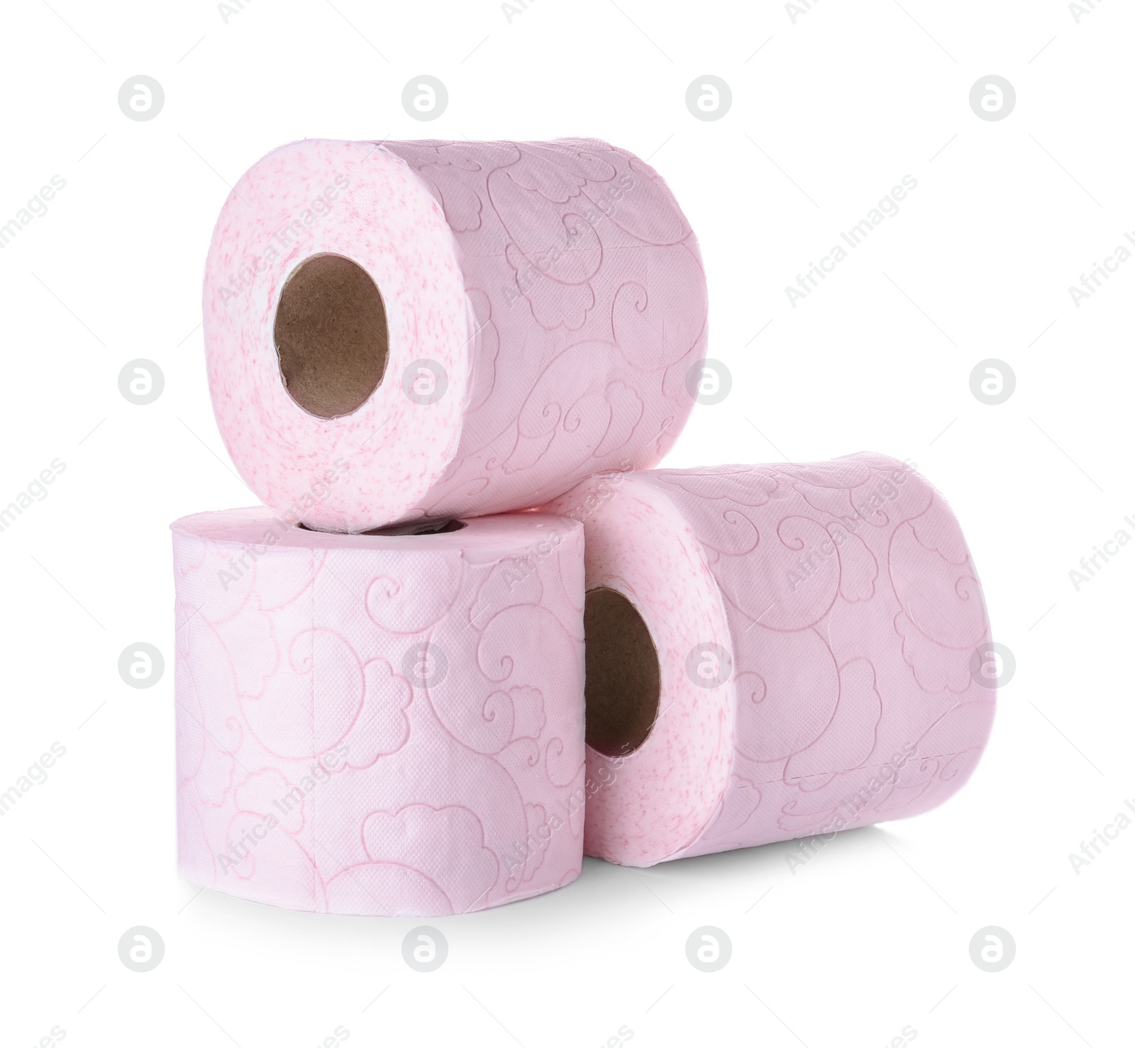 Photo of Rolls of toilet paper on white background. Personal hygiene