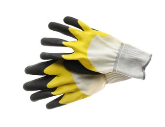 Photo of Pair of gloves on white background, top view. Gardening tool