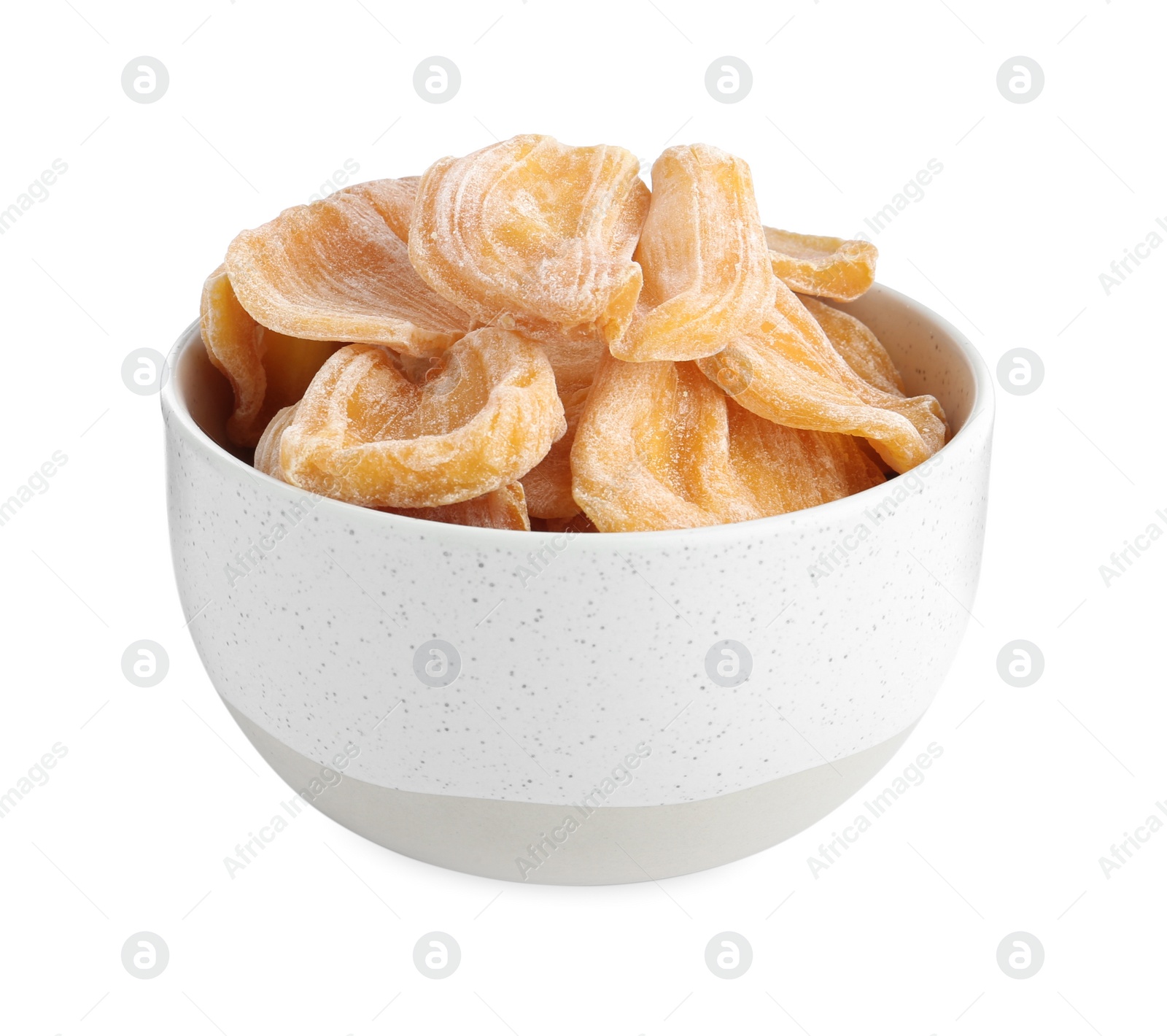 Photo of Delicious dried jackfruit slices in bowl isolated on white