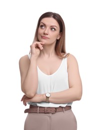 Photo of Beautiful business woman posing on white background