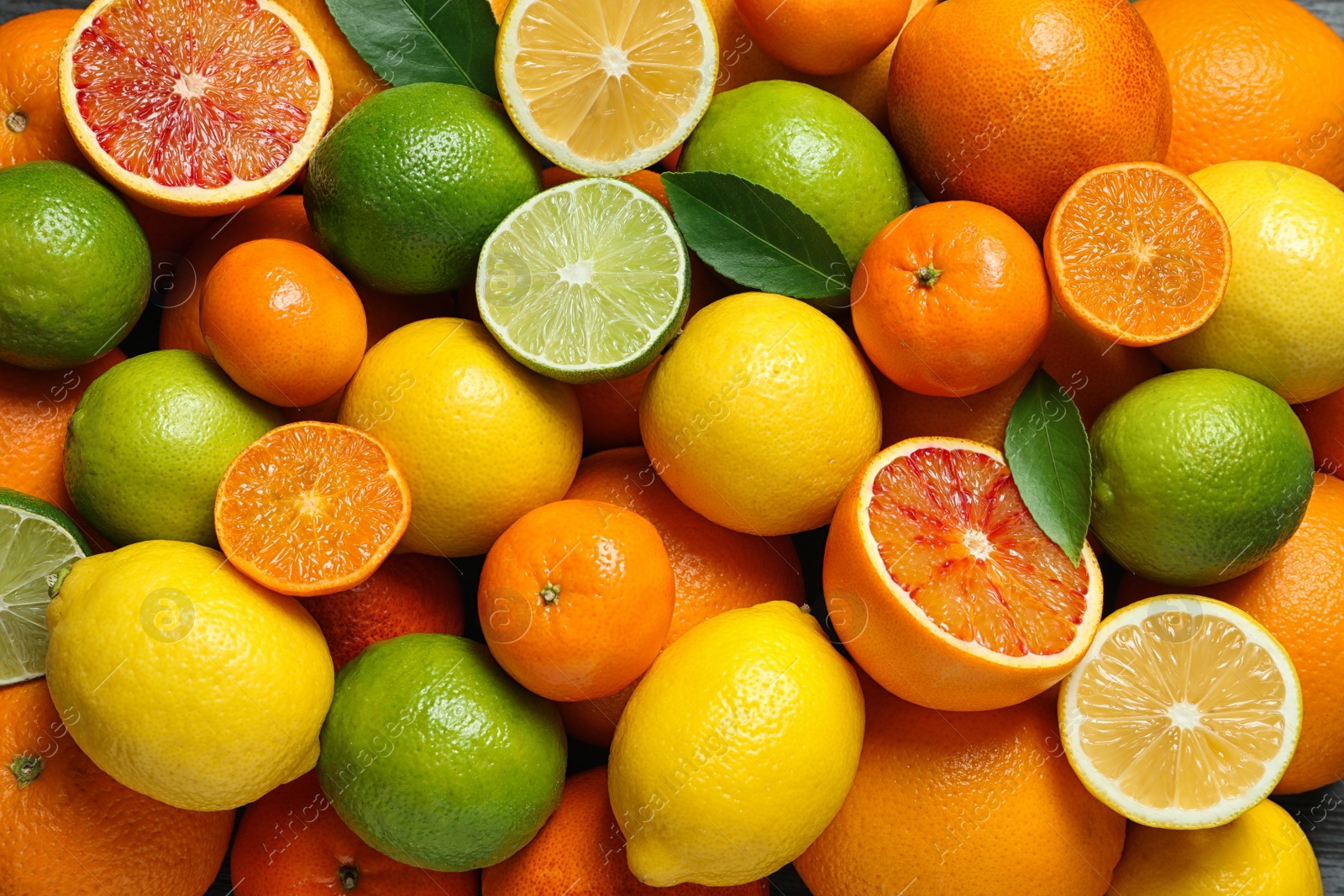 Photo of Many different citrus fruits as background, top view