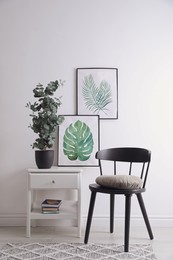 Photo of Stylish room interior with chair, beautiful paintings and potted eucalyptus plant