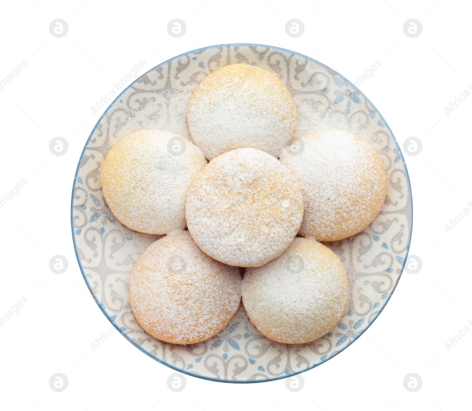 Photo of Plate with cookies for Islamic holidays isolated on white, top view. Eid Mubarak