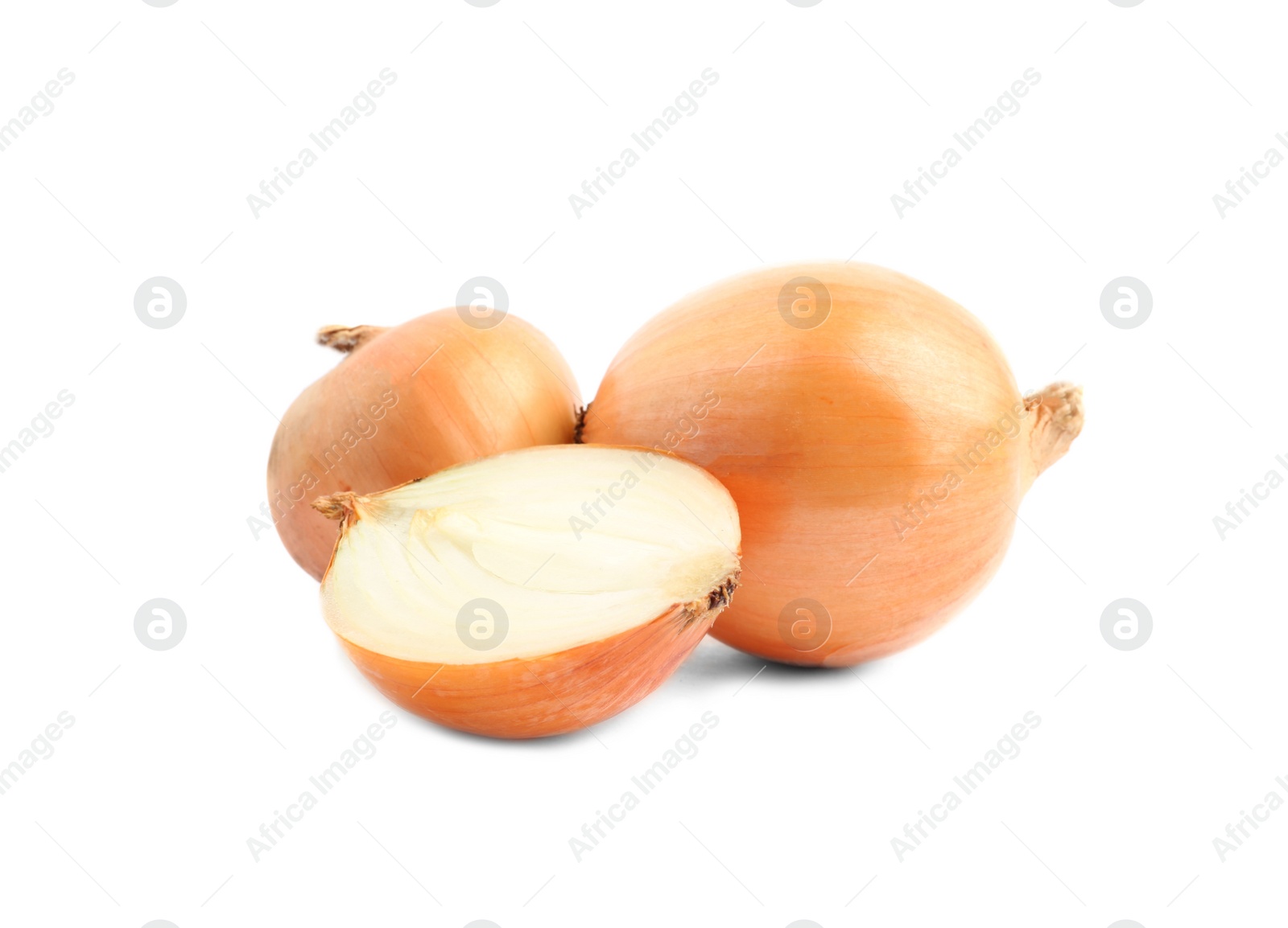 Photo of Fresh onions on white background. Ripe vegetable