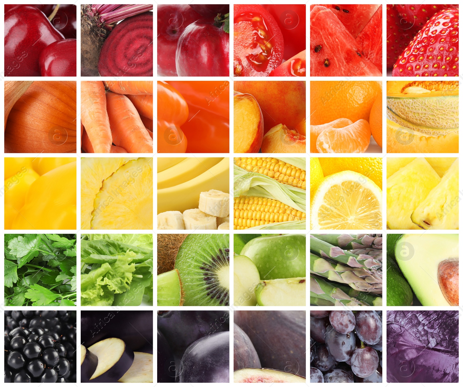 Image of Different fresh fruits, vegetables and berries, collage 