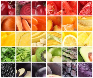 Image of Different fresh fruits, vegetables and berries, collage 