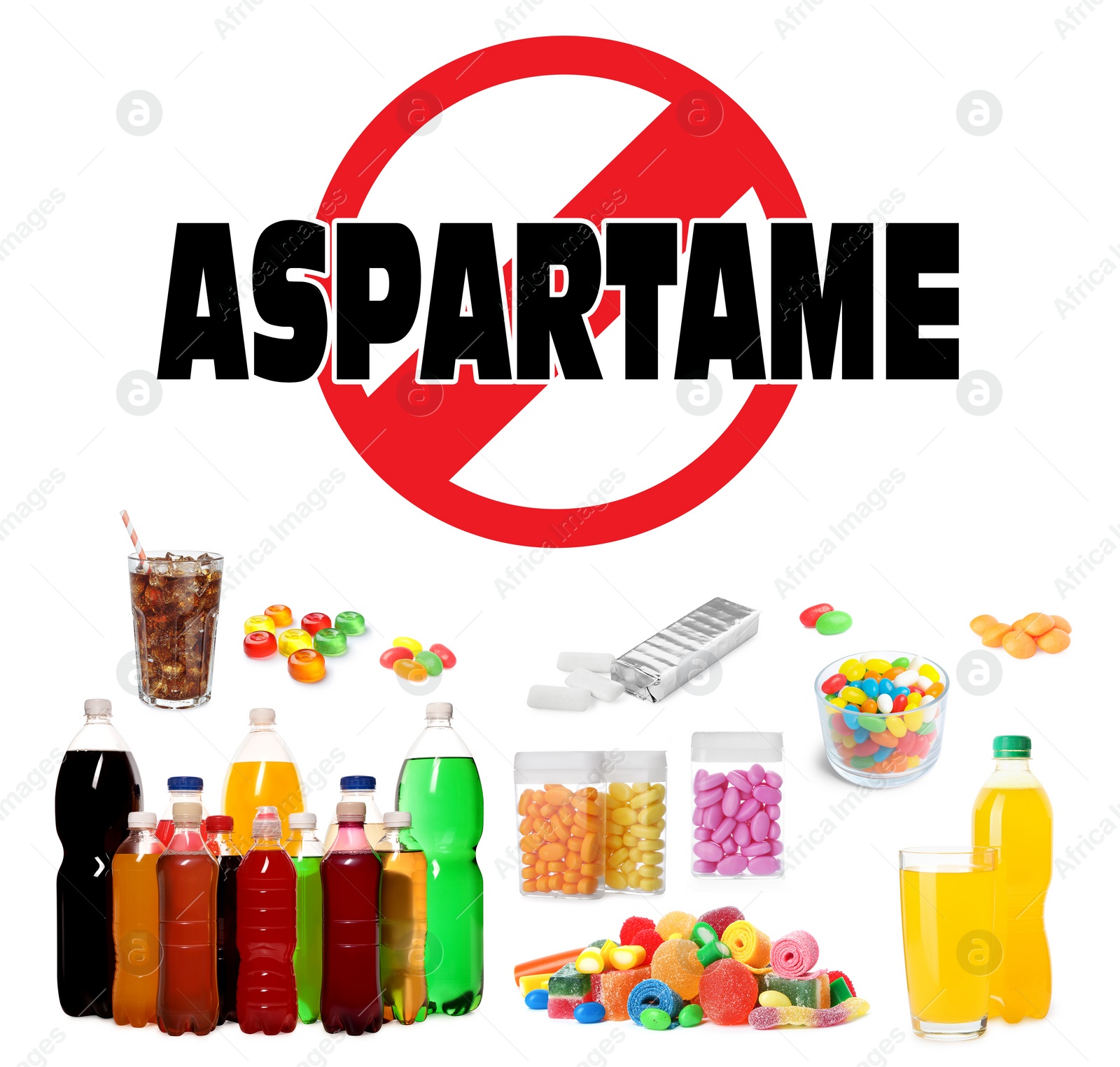 Image of Prohibition sign with word Aspartame symbolizing harm of this artificial sweetener. Different soda drinks and candies containing sugar substitute on white background