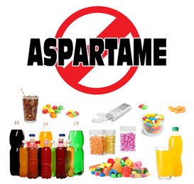 Prohibition sign with word Aspartame symbolizing harm of this artificial sweetener. Different soda drinks and candies containing sugar substitute on white background