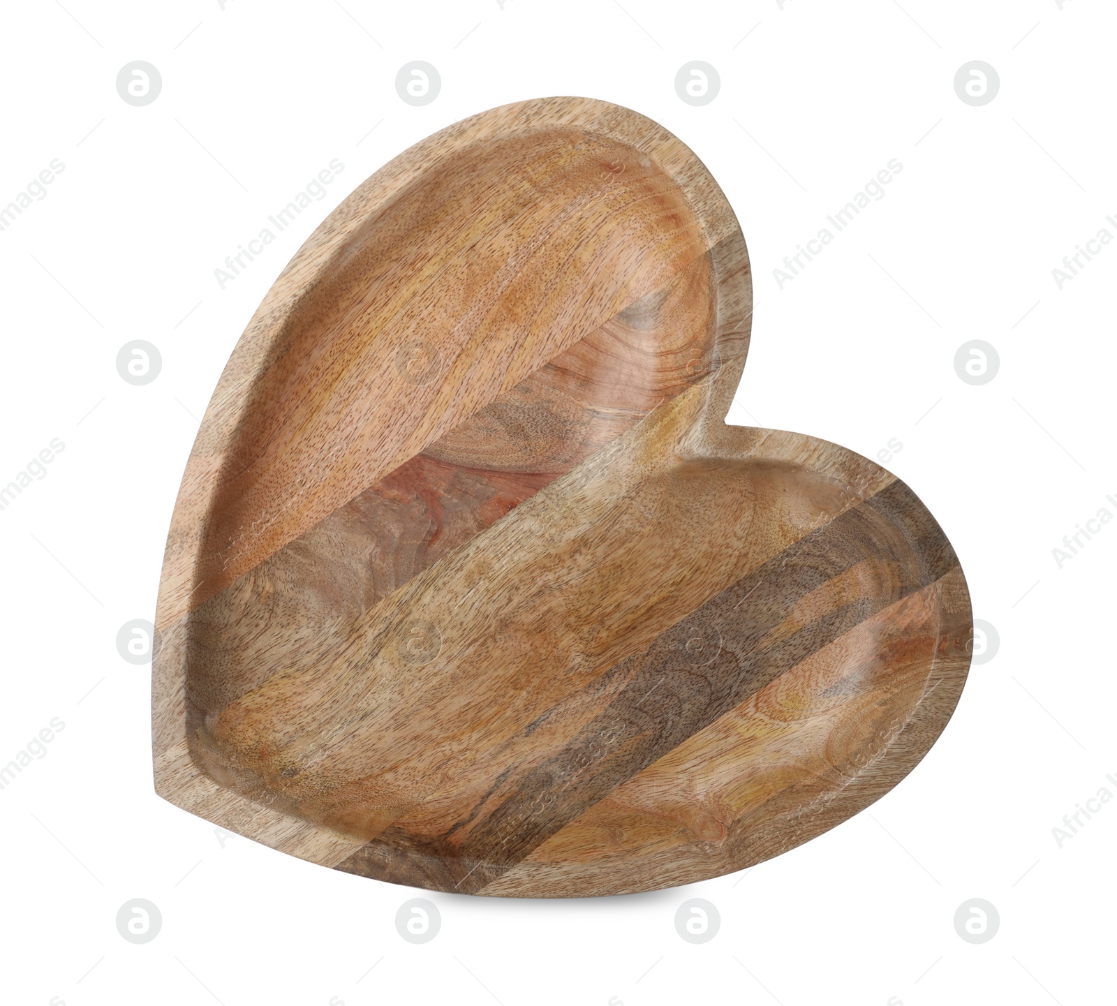 Photo of Heart shaped wooden tray isolated on white