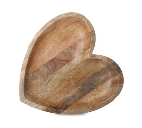 Photo of Heart shaped wooden tray isolated on white