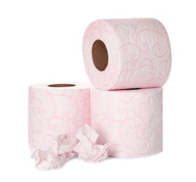 Photo of Color toilet paper rolls on white background
