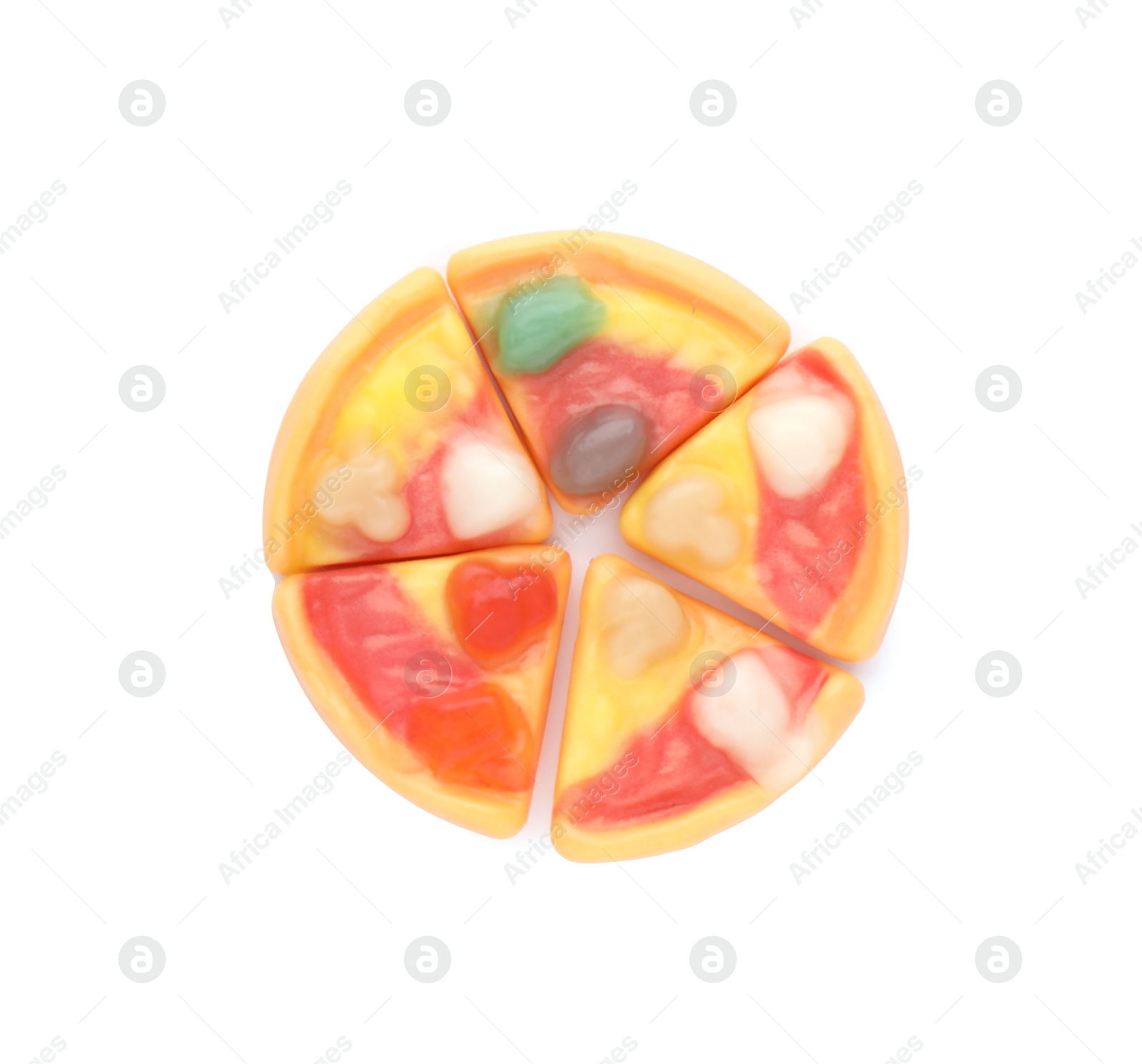Photo of Tasty jelly candies in shape of pizza on white background, top view