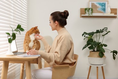Woman writing in notebook and petting cute cat at home