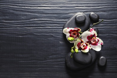 Photo of Spa stones with orchid flowers on dark wooden background, top view. Space for text