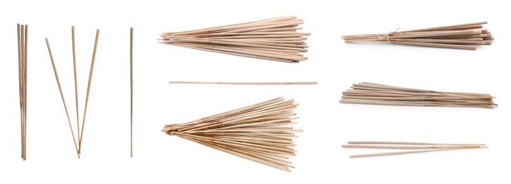 Image of Set with aromatic incense sticks on white background. Banner design