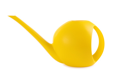 Photo of Yellow empty watering can isolated on white