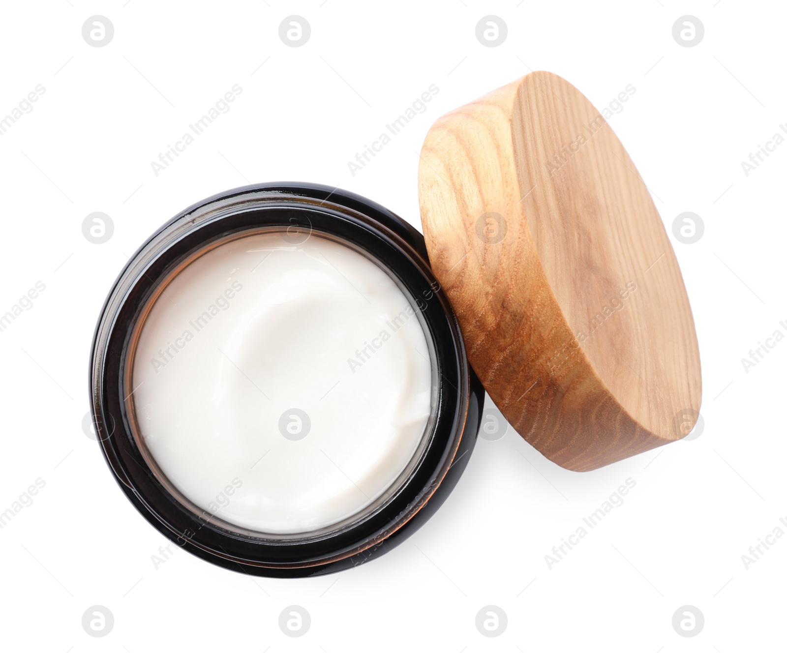 Photo of Jar of face cream isolated on white, top view