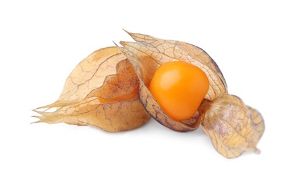 Photo of Ripe physalis fruits with calyxes isolated on white