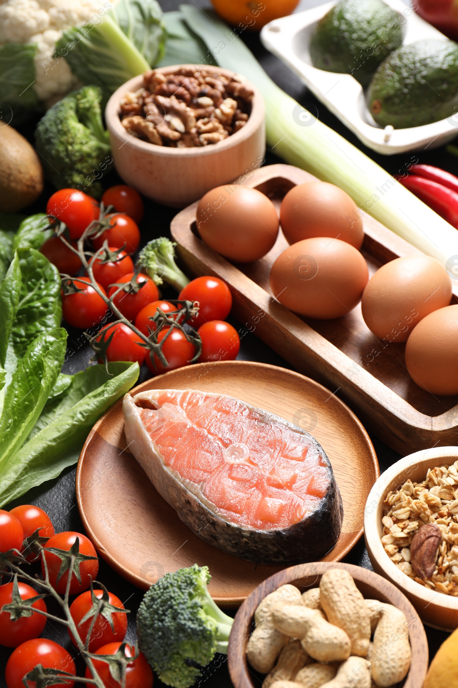 Photo of Many different healthy food on table, above view