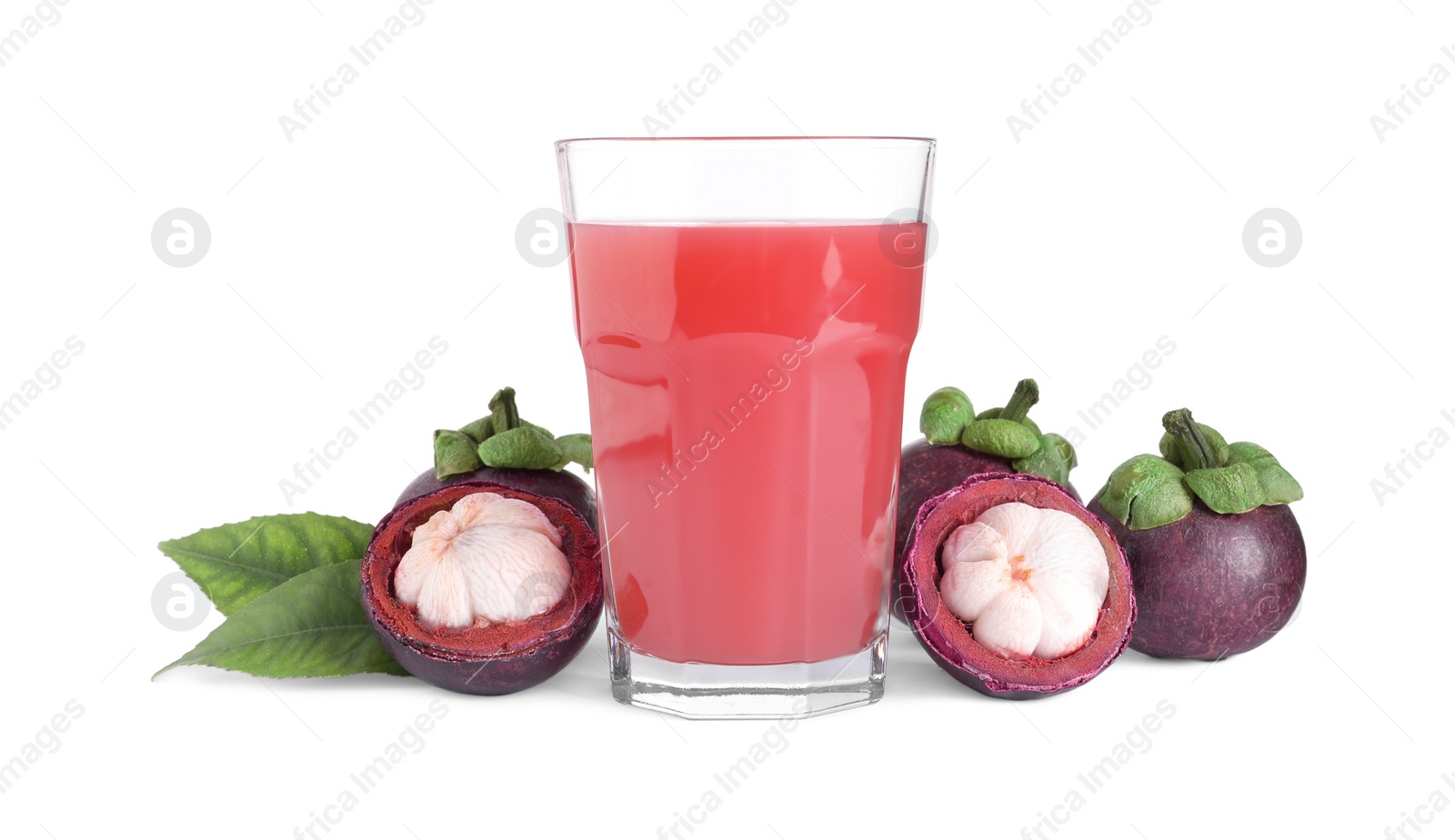 Photo of Delicious mangosteen juice and fresh fruits on white background