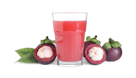 Photo of Delicious mangosteen juice and fresh fruits on white background