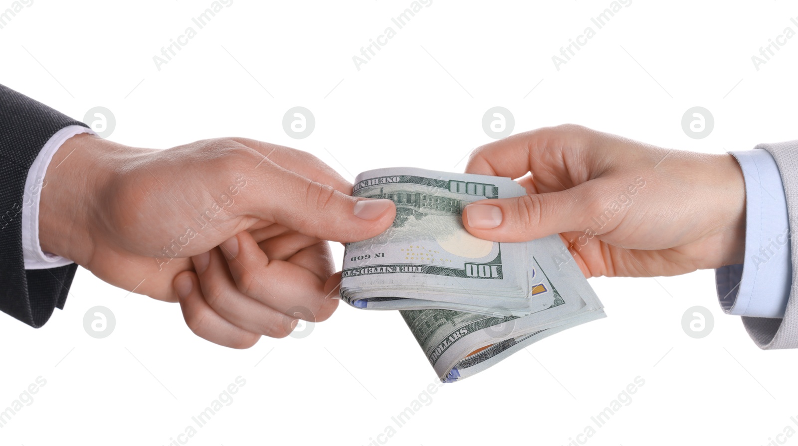 Photo of Money exchange. Man giving dollar banknotes to woman on white background, closeup