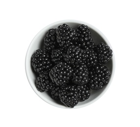 Photo of Fresh ripe blackberries in bowl isolated on white, top view