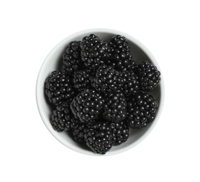 Fresh ripe blackberries in bowl isolated on white, top view