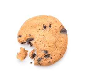 Photo of Bitten chocolate chip cookie on white background, top view