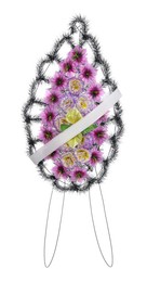 Photo of Funeral wreath of plastic flowers against white background