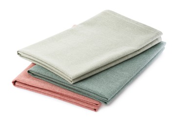 Photo of Stack of clean kitchen towels isolated on white