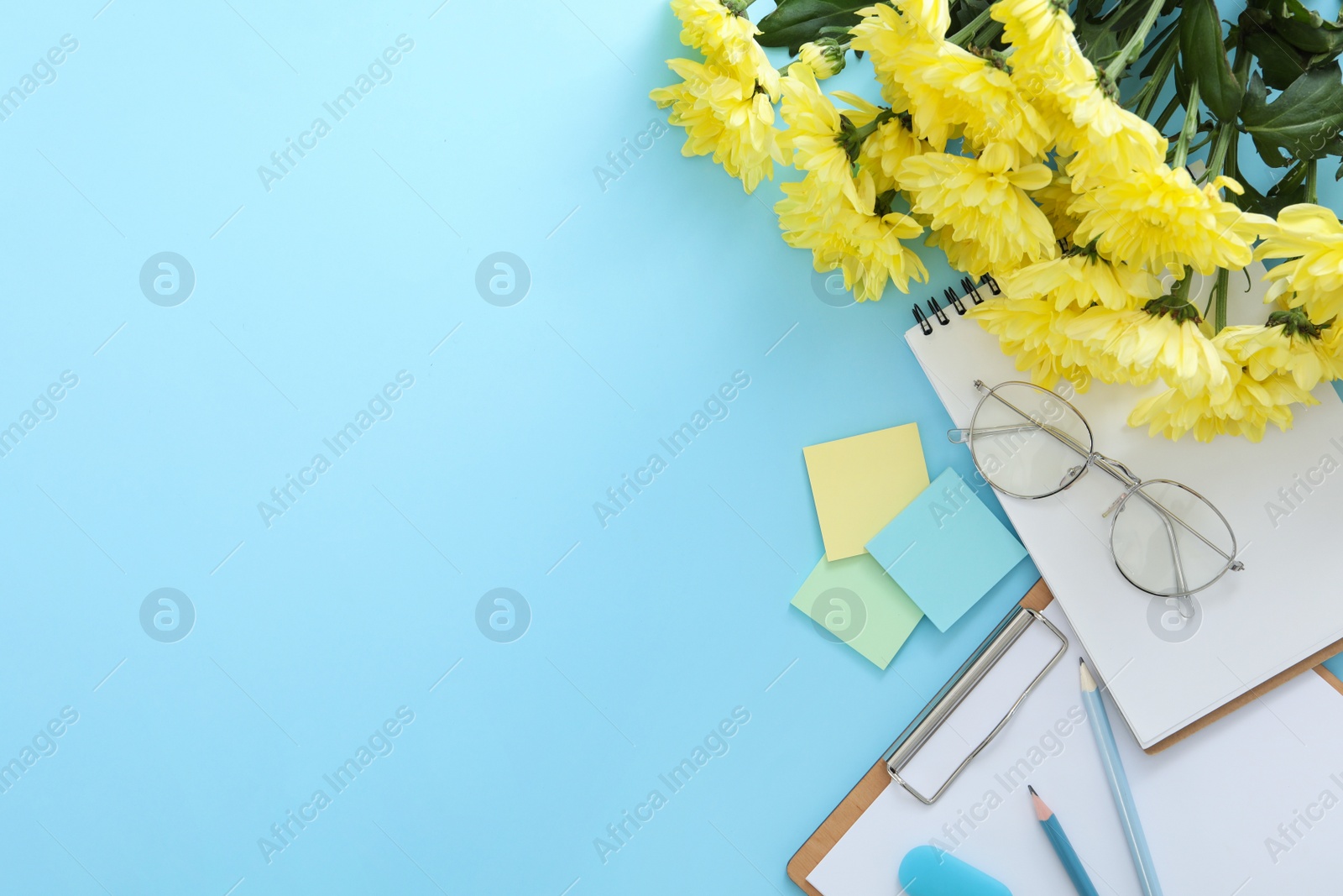 Photo of Beautiful flowers and stationery on light blue background, flat lay with space for text. Teacher's Day