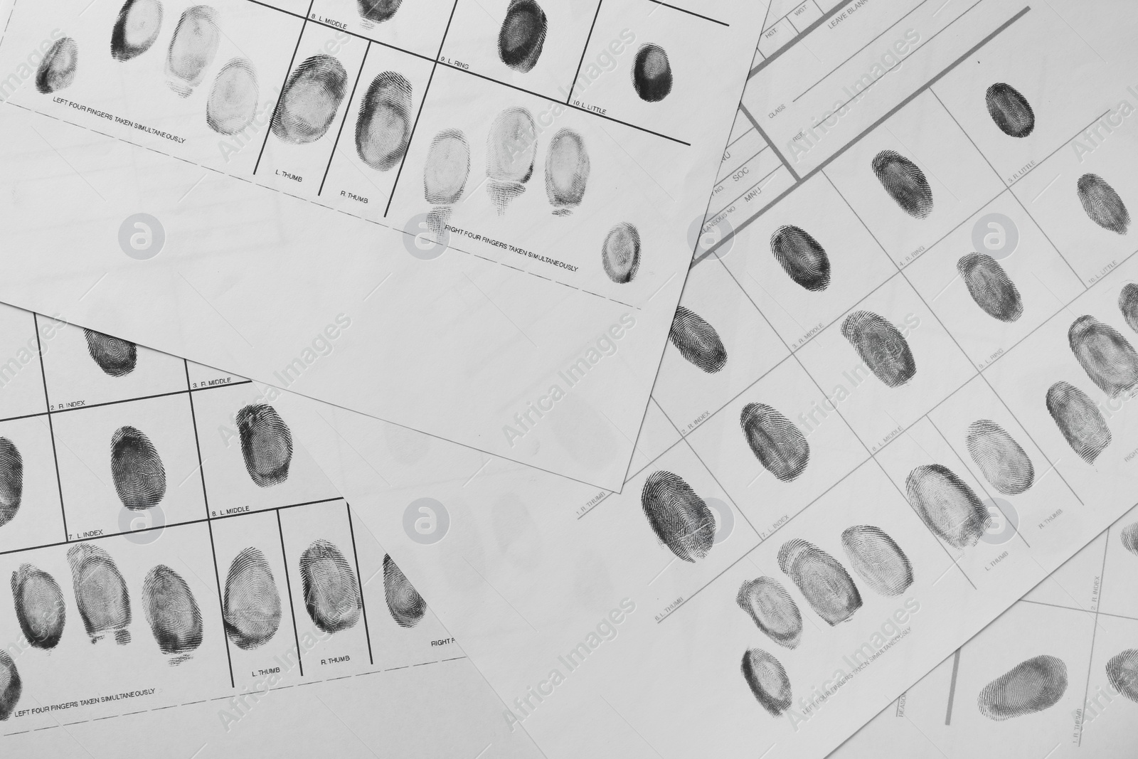 Photo of Fingerprint record sheets, top view. Criminal investigation