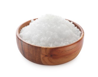 Photo of Natural salt in wooden bowl isolated on white