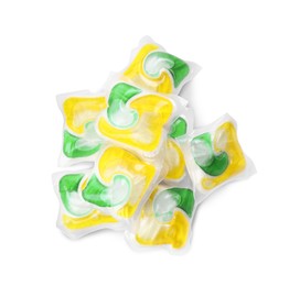 Photo of Pile of dishwasher detergent pods on white background, top view