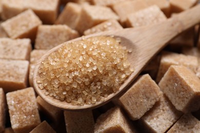 Wooden spoon on brown sugar cubes, closeup