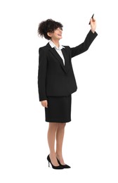 Beautiful happy businesswoman with marker on white background