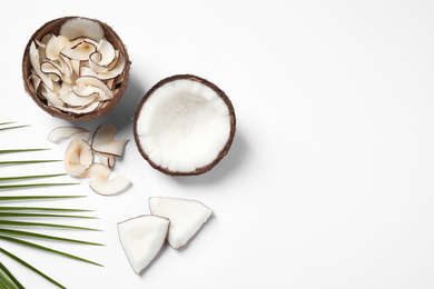 Photo of Composition with tasty coconut chips on white background, top view