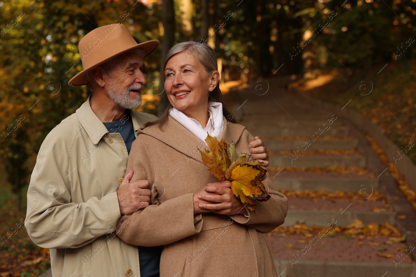 Photo of Affectionate senior couple with dry leaves in autumn park, space for text