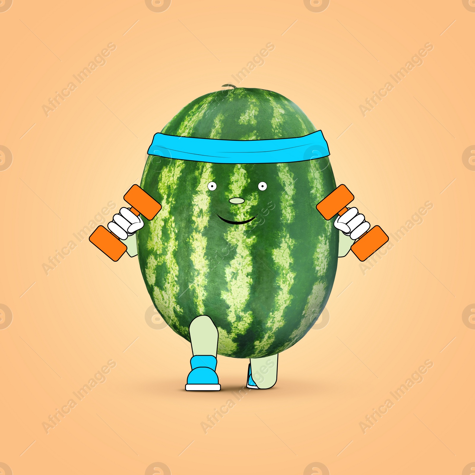 Image of Creative artwork. Happy watermelon training with dumbbells. Whole fruit with drawings on pale orange background