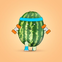 Image of Creative artwork. Happy watermelon training with dumbbells. Whole fruit with drawings on pale orange background