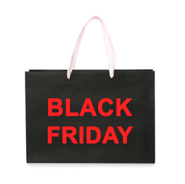 Image of Paper shopping bag with phrase BLACK FRIDAY on white background