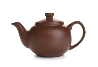 Photo of Brown clay teapot with handle isolated on white