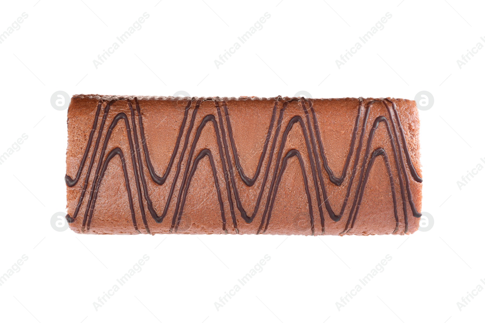 Photo of Tasty chocolate cake roll isolated on white, top view