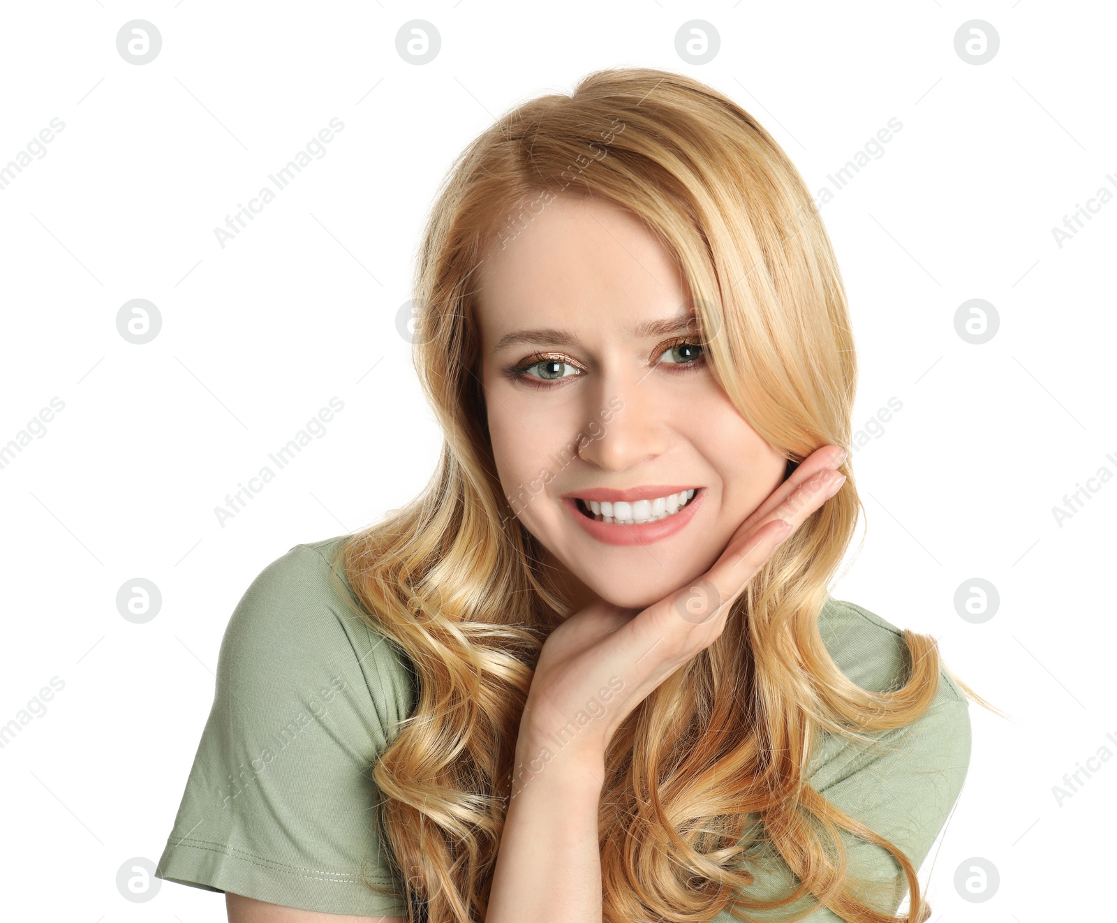 Photo of Portrait of beautiful young woman with dyed long hair on white background