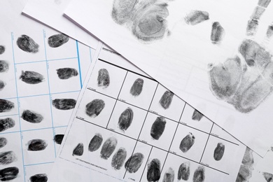 Police forms with fingerprints, top view. Forensic examination