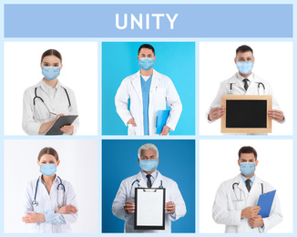 Image of Unity concept. Collage with team of doctors wearing medical masks