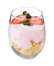 Photo of Glass with yogurt, strawberries and corn flakes isolated on white